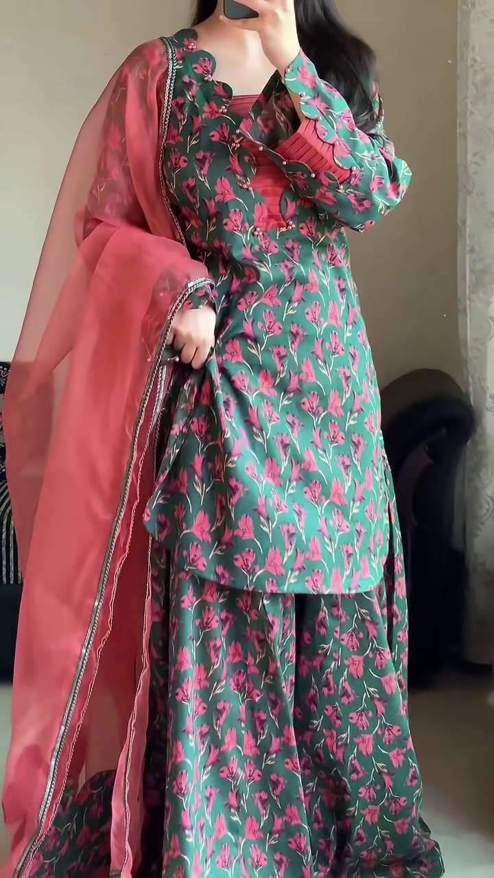 . Blooming Coral Green Floral Sharara Set 🌿🌸 | Printed Anarkali Kurta, Flowy Sharara & Peach Chiffon Dupatta | Indo-Western Party Wear - Image 2