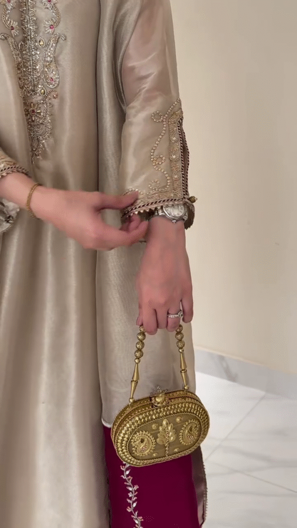 🕌 Elegant Champagne Gold & Maroon Embroidered Formal Dress ✨ | Handcrafted Luxury - Image 6