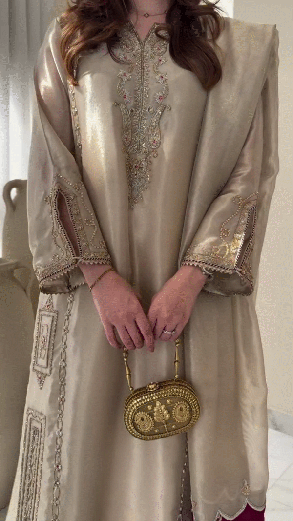 🕌 Elegant Champagne Gold & Maroon Embroidered Formal Dress ✨ | Handcrafted Luxury - Image 2