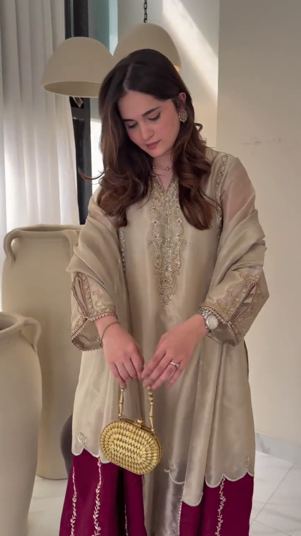 🕌 Elegant Champagne Gold & Maroon Embroidered Formal Dress ✨ | Handcrafted Luxury - Image 3