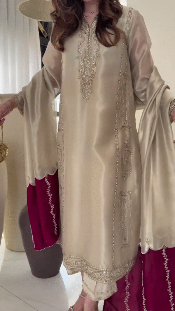🕌 Elegant Champagne Gold & Maroon Embroidered Formal Dress ✨ | Handcrafted Luxury - Image 4