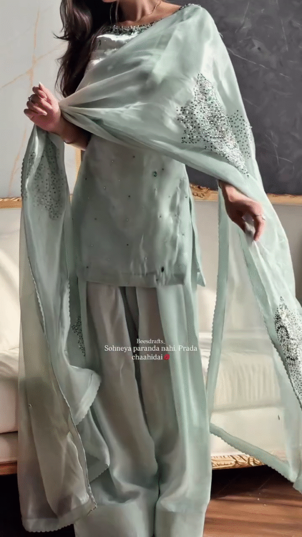 🌿 Serene Seafoam Green Embellished Formal Suit 💎 | Grace in Every Thread - Image 3