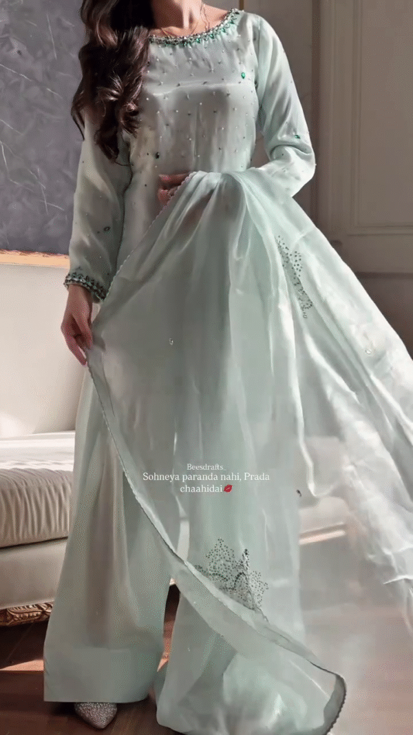 🌿 Serene Seafoam Green Embellished Formal Suit 💎 | Grace in Every Thread - Image 4
