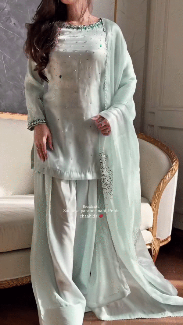 🌿 Serene Seafoam Green Embellished Formal Suit 💎 | Grace in Every Thread - Image 5