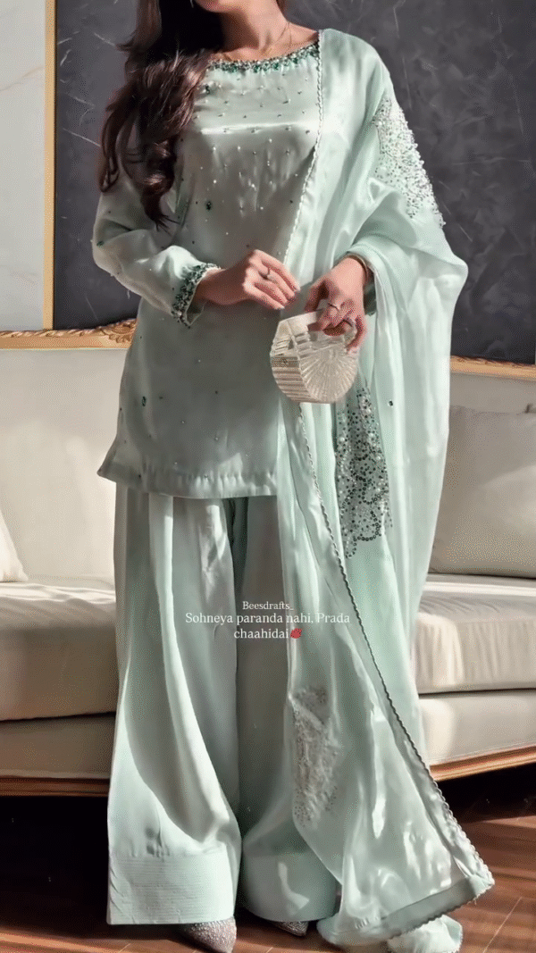 🌿 Serene Seafoam Green Embellished Formal Suit 💎 | Grace in Every Thread - Image 6