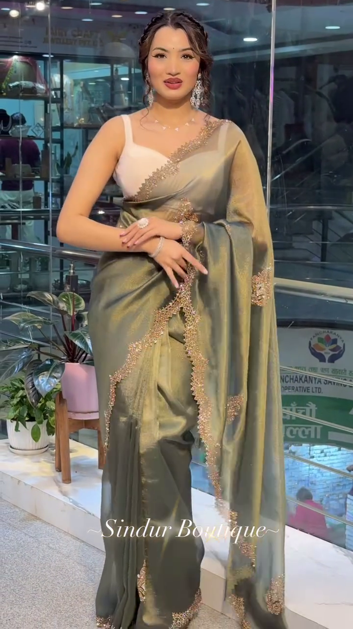 ✨ Elegant Olive Saree with Beaded Detailing ✨