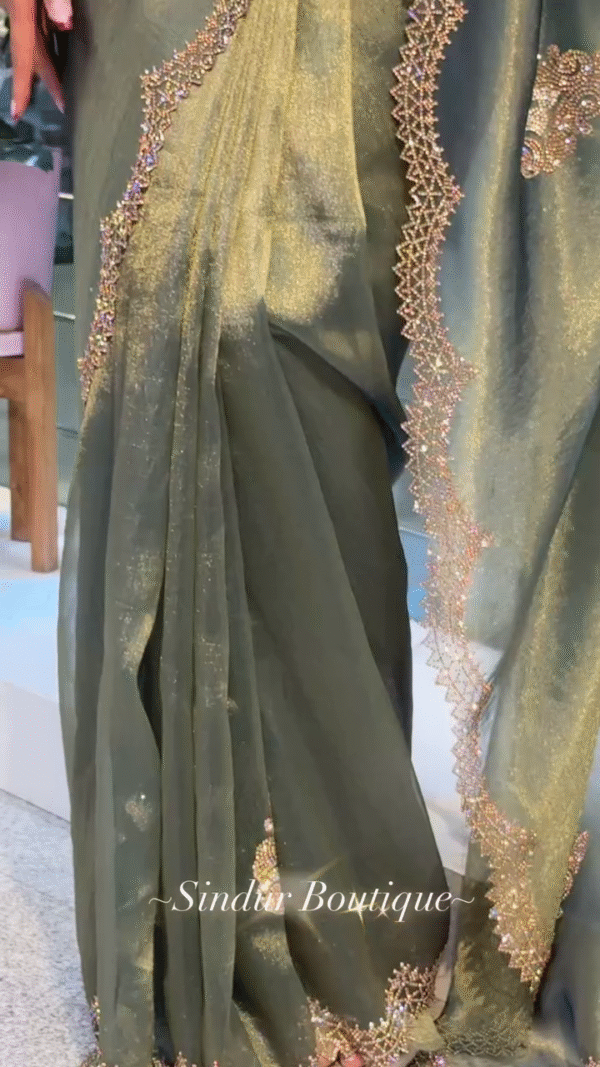 ✨ Elegant Olive Saree with Beaded Detailing ✨ - Image 4