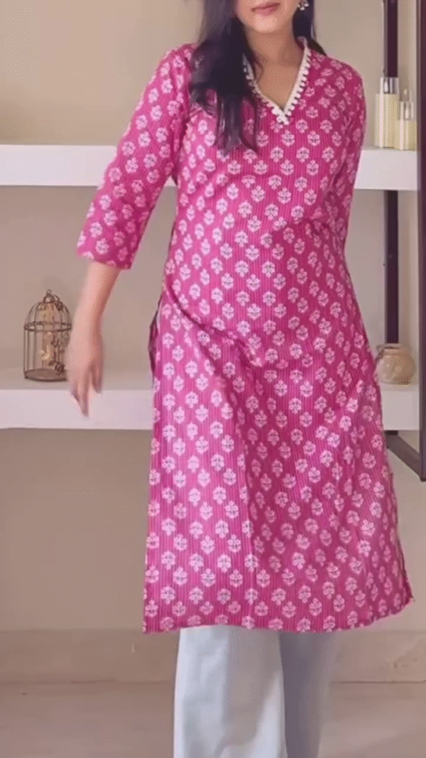Casual & Chic Pink Printed Cotton Kurta with White Palazzo for Everyday Comfort and Office Wear 🌸👚🤍
