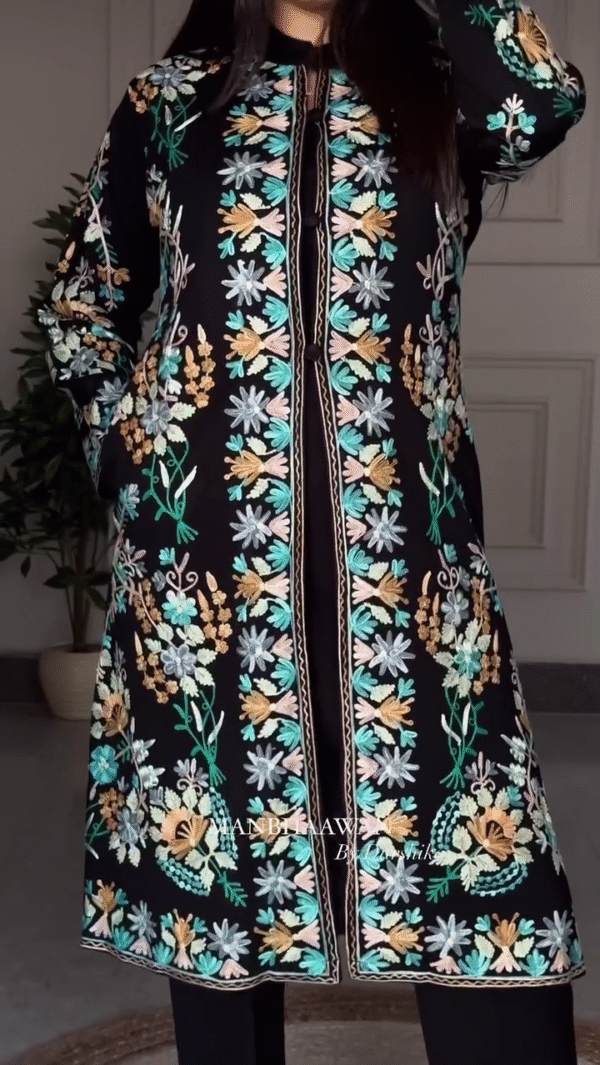Black Floral Kashmiri-Style Embroidered Jacket Kurta – Winter Festive & Elegant Occasion Wear Outfit 🖤🌸🪡 - Image 2