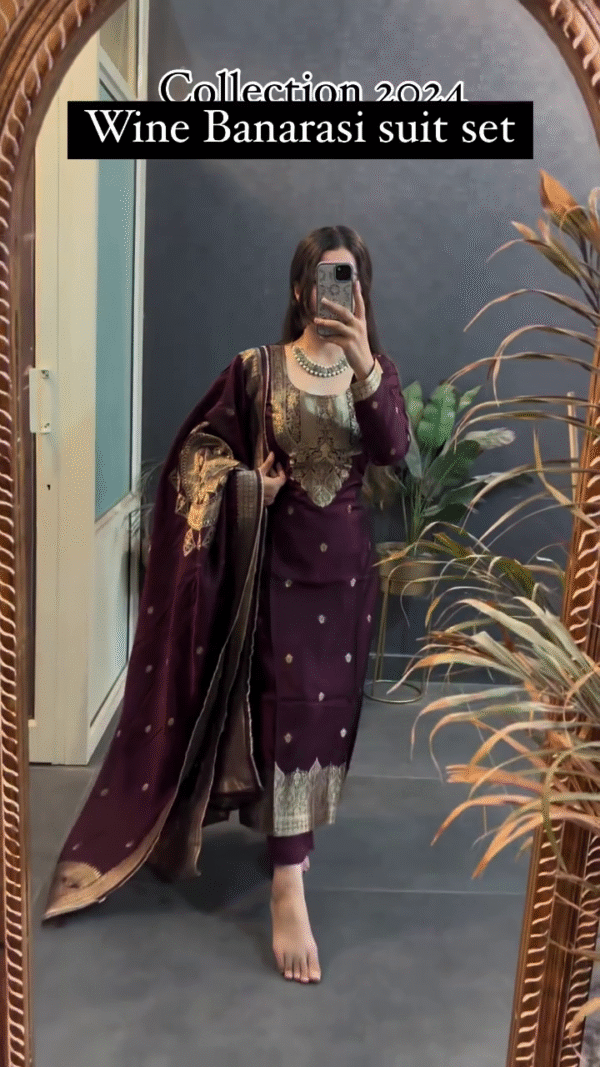 ✨ Premium Designer Wine Banarasi Silk Suit Set with Intricate Zari Embroidery, Elegant Dupatta & Traditional Ethnic Touch for Weddings, Parties & Festive Occasions – Collection 2024 ✨ - Image 3