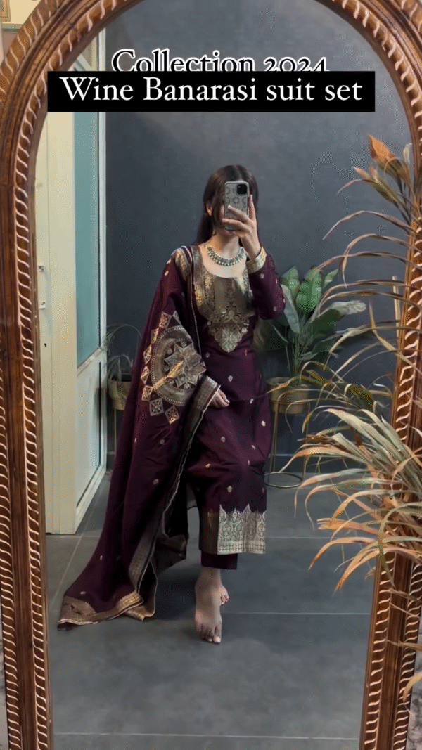 ✨ Premium Designer Wine Banarasi Silk Suit Set with Intricate Zari Embroidery, Elegant Dupatta & Traditional Ethnic Touch for Weddings, Parties & Festive Occasions – Collection 2024 ✨