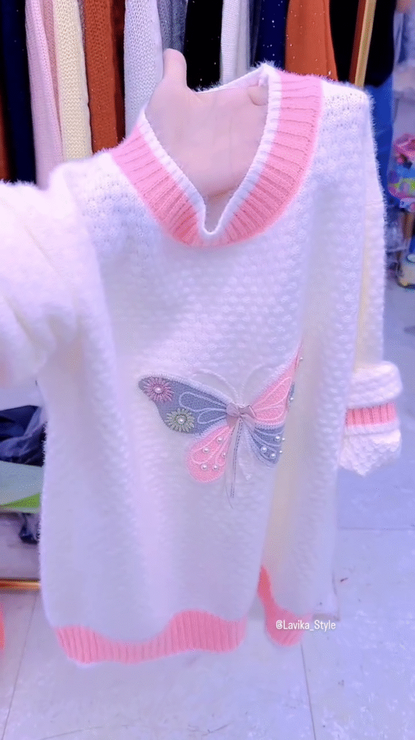 Cozy White Knit Sweater with Pink Butterfly Embroidery – Soft & Stylish Winter Wear - Image 2
