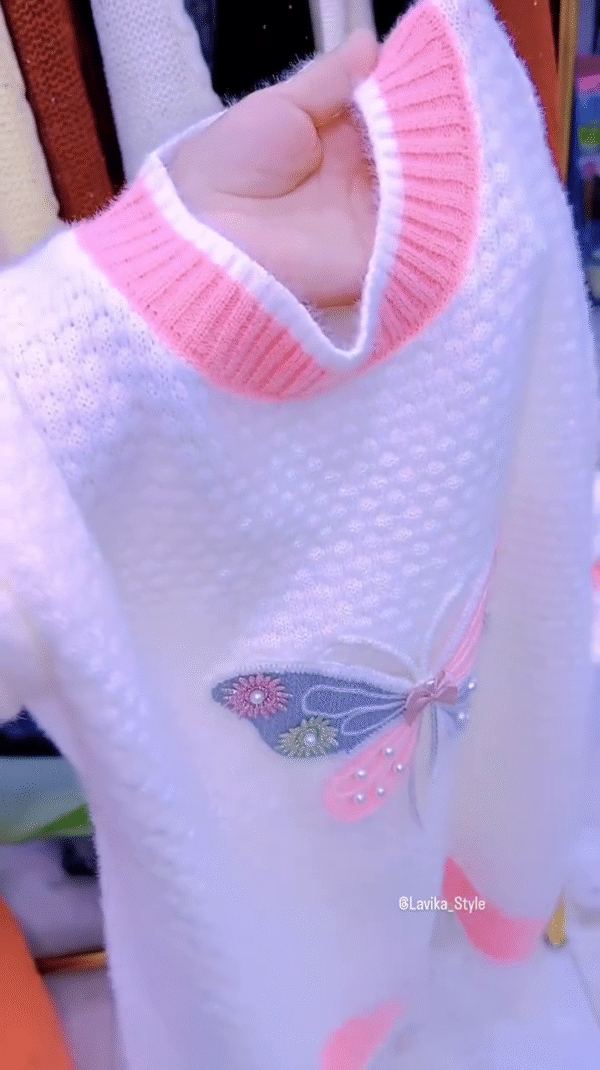 Cozy White Knit Sweater with Pink Butterfly Embroidery – Soft & Stylish Winter Wear - Image 3
