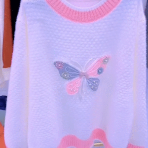 Cozy White Knit Sweater with Pink Butterfly Embroidery – Soft & Stylish Winter Wear