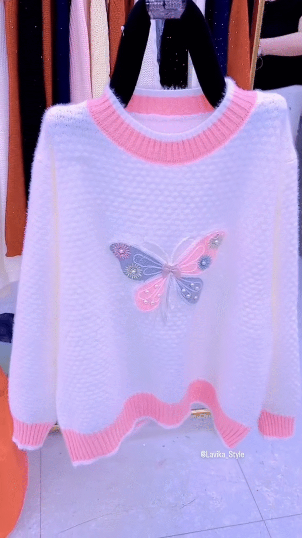 Cozy White Knit Sweater with Pink Butterfly Embroidery – Soft & Stylish Winter Wear