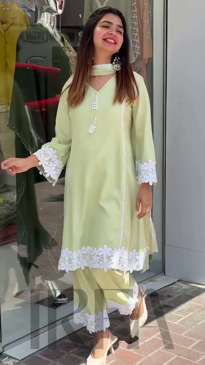 Pastel Green Embroidered 2-Piece Suit with White Lace Detailing – Elegant Ethnic Wear - Image 4