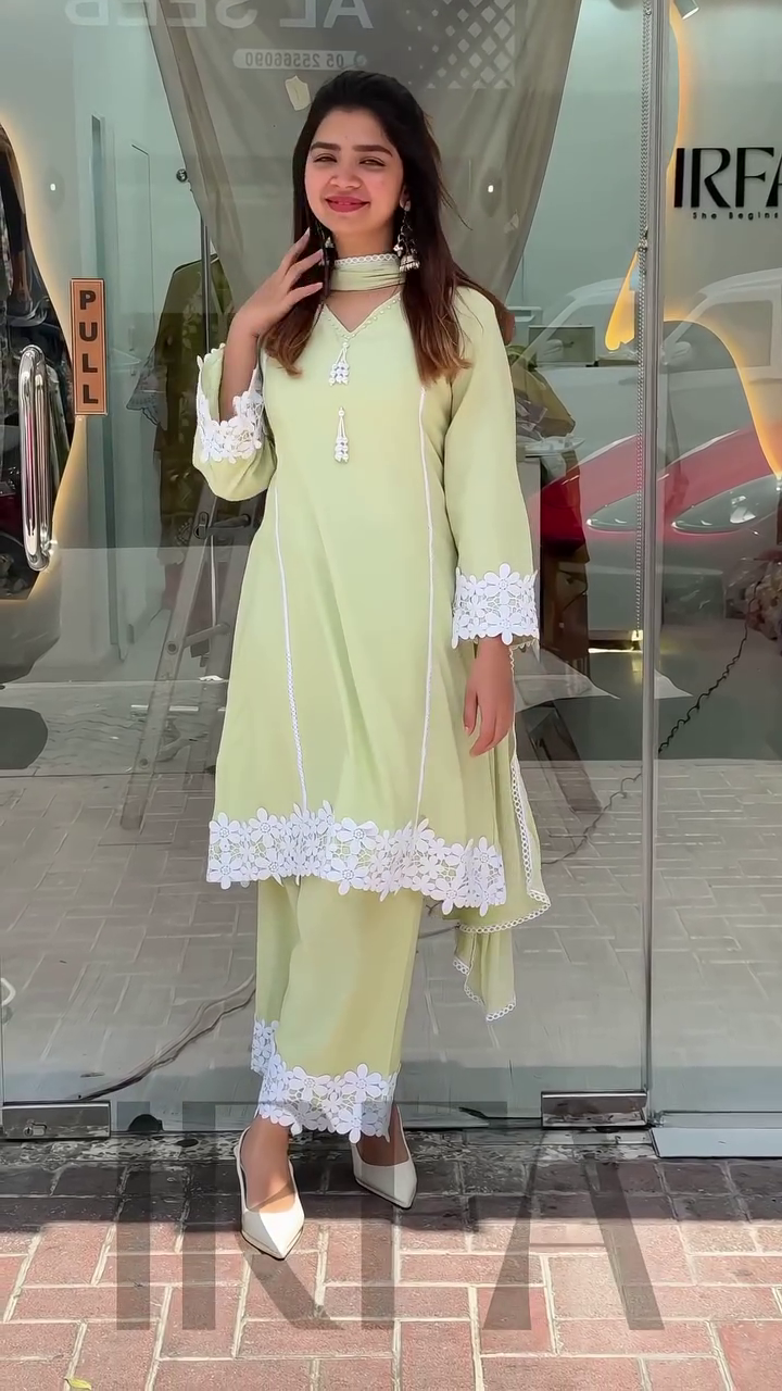Pastel Green Embroidered 2-Piece Suit with White Lace Detailing – Elegant Ethnic Wear