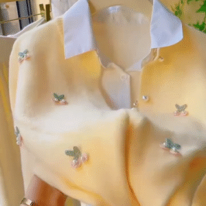 Soft Yellow Knit Sweater with White Collar & Cute Embroidered Details – Chic & Cozy Style