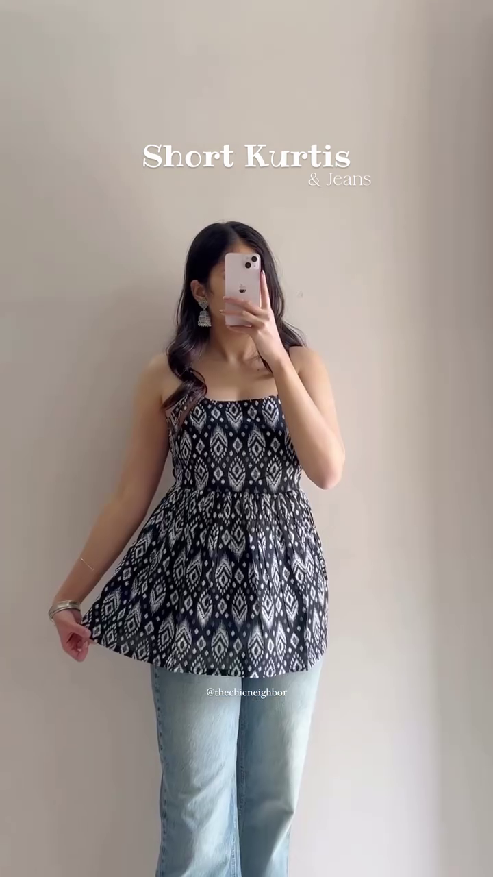 Black Ikat Print Short Kurti – Trendy Ethnic Top for Jeans & Casual Wear