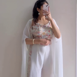 Elegant White Festive Co-ord Set with Embroidered Crop Top & Cape Dupatta