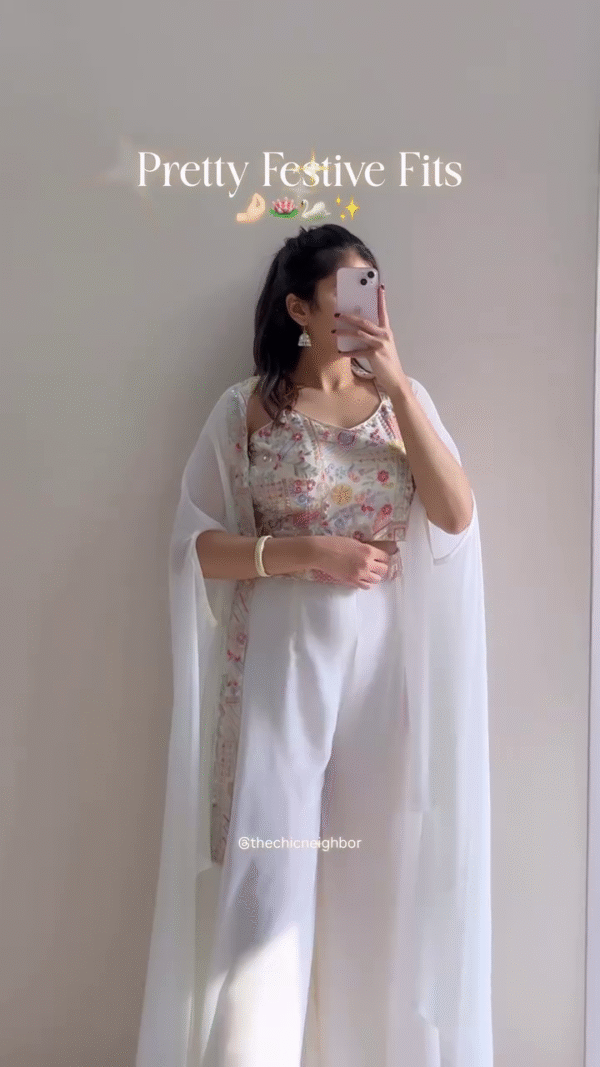 Elegant White Festive Co-ord Set with Embroidered Crop Top & Cape Dupatta