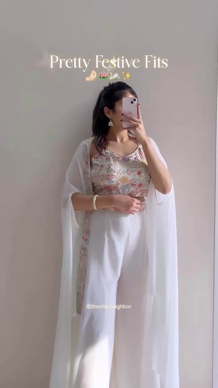 Elegant White Festive Co-ord Set with Embroidered Crop Top & Cape Dupatta