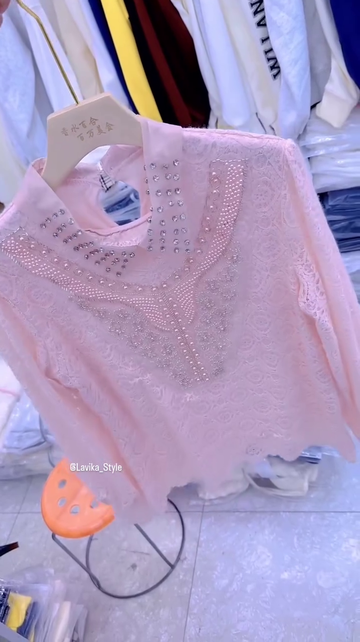 Blush Pink Lace Kurti with Pearl & Stone Handwork - Image 2