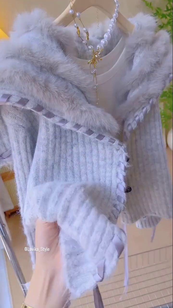 Grey Knitted Fur Hoodie Cardigan with Button Detail - Image 2