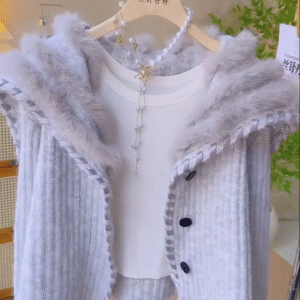 Grey Knitted Fur Hoodie Cardigan with Button Detail