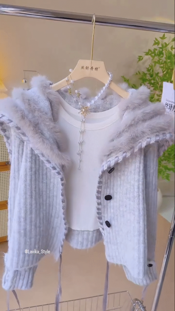 Grey Knitted Fur Hoodie Cardigan with Button Detail