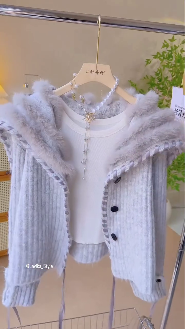 Grey Knitted Fur Hoodie Cardigan with Button Detail