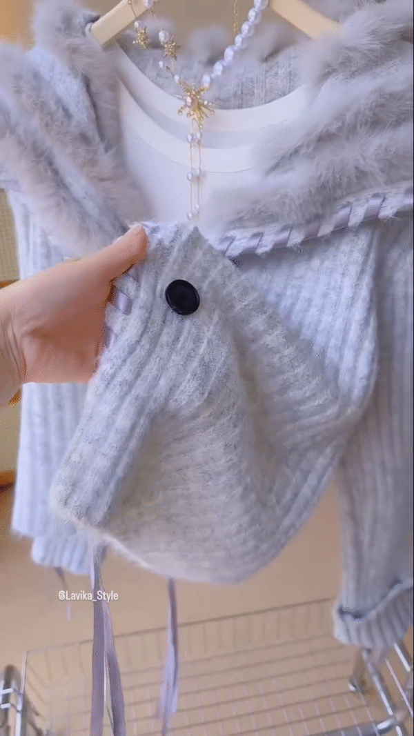 Grey Knitted Fur Hoodie Cardigan with Button Detail - Image 3