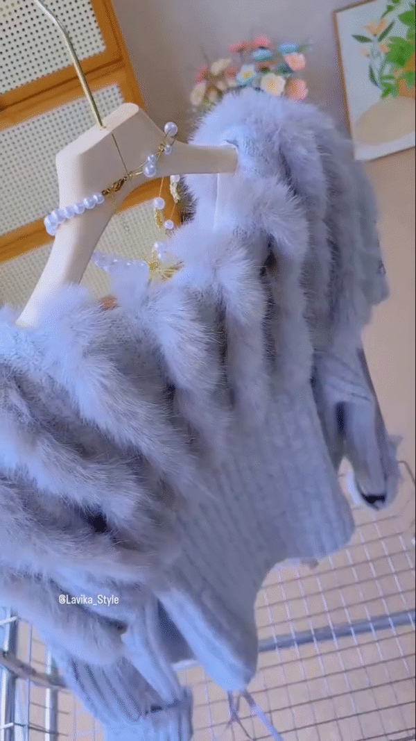 Grey Knitted Fur Hoodie Cardigan with Button Detail - Image 4