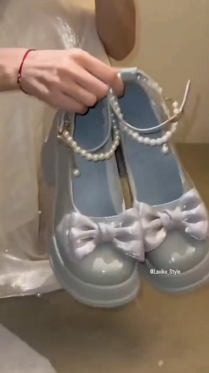 Pastel Blue Bow Ballet Flats with Pearl Strap