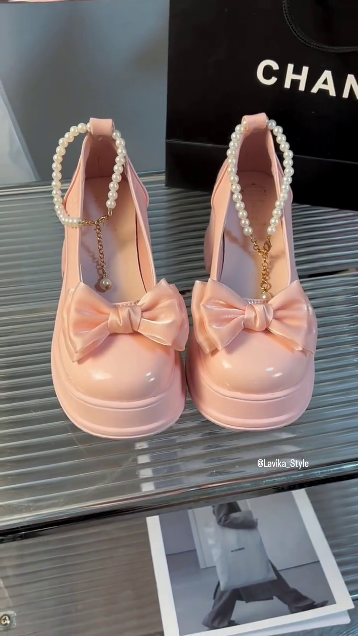 Pastel Blue Bow Ballet Flats with Pearl Strap - Image 2