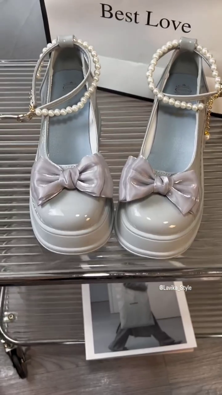 Pastel Blue Bow Ballet Flats with Pearl Strap - Image 3
