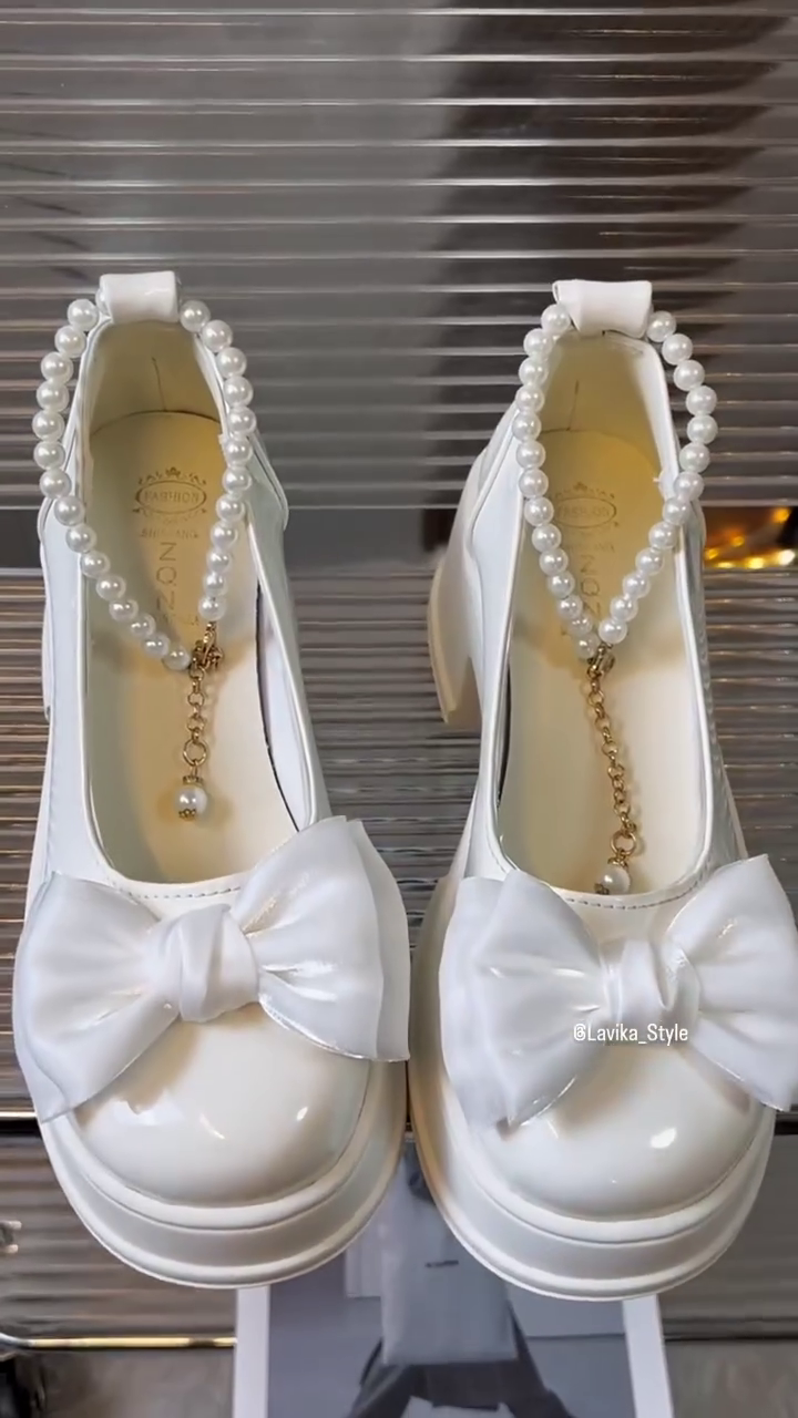 Pastel Blue Bow Ballet Flats with Pearl Strap - Image 4