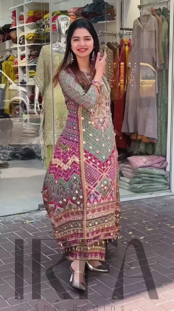 Multicolor Embroidered Long Kurti with Straight Pants - Image 2