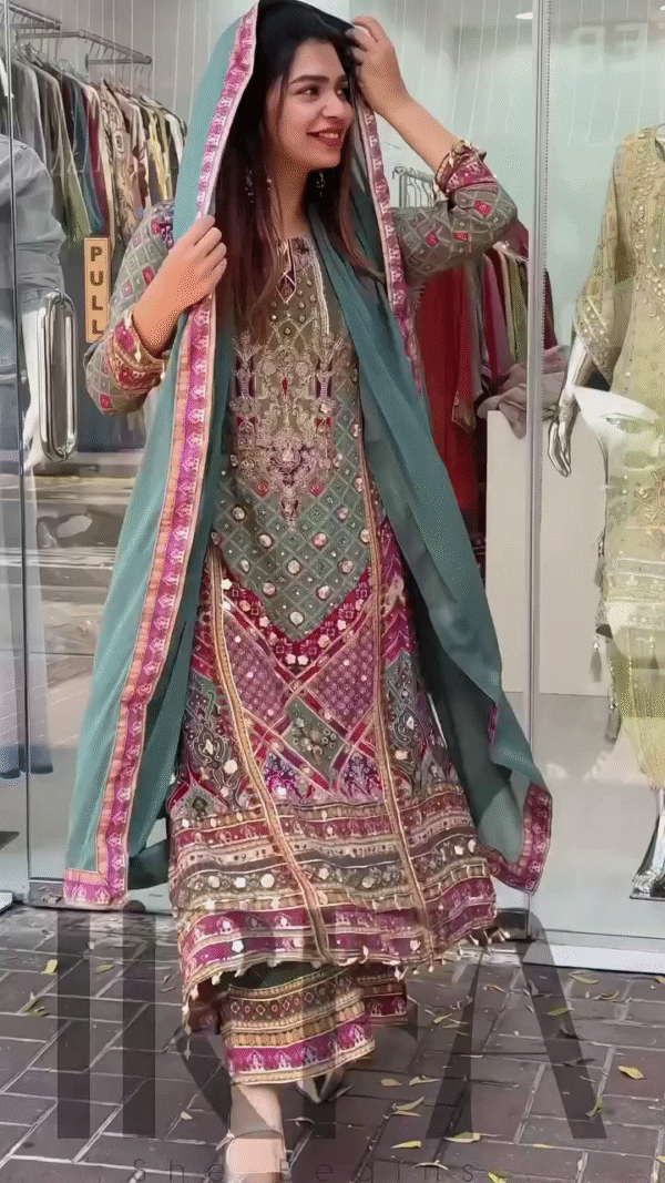 Multicolor Embroidered Long Kurti with Straight Pants - Image 3