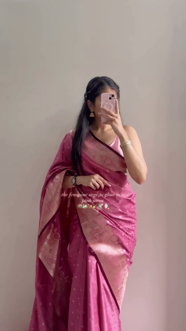 Elegant Pink Silk Saree with Golden Zari Work - Image 3