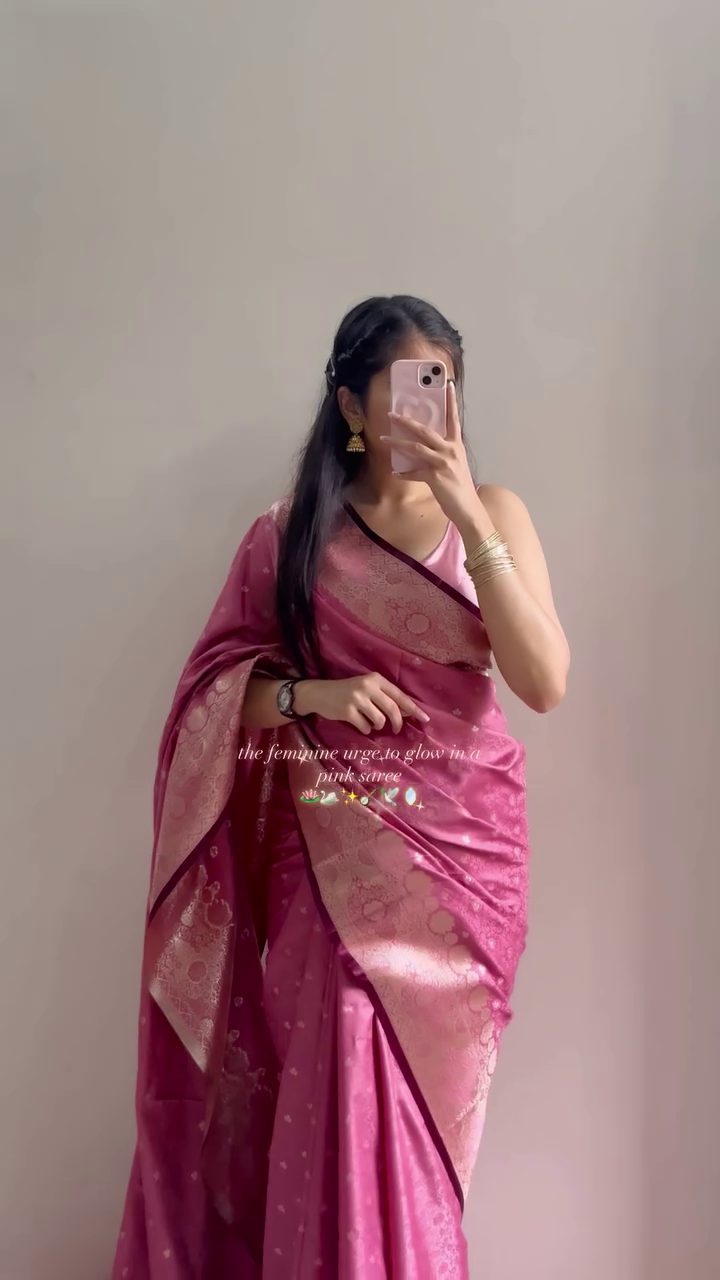 Elegant Pink Silk Saree with Golden Zari Work - Image 3