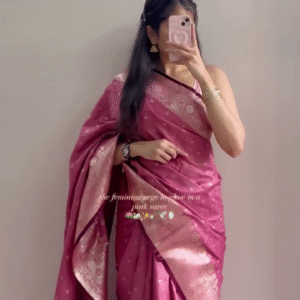 Elegant Pink Silk Saree with Golden Zari Work