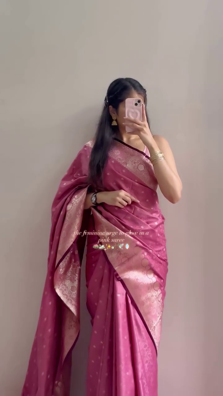 Elegant Pink Silk Saree with Golden Zari Work