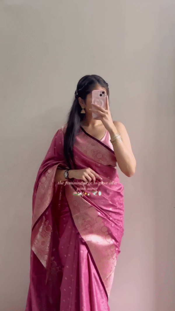 Elegant Pink Silk Saree with Golden Zari Work - Image 2