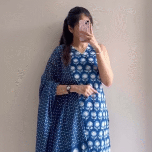 Sleeveless Indigo Block Print Kurta with Dupatta