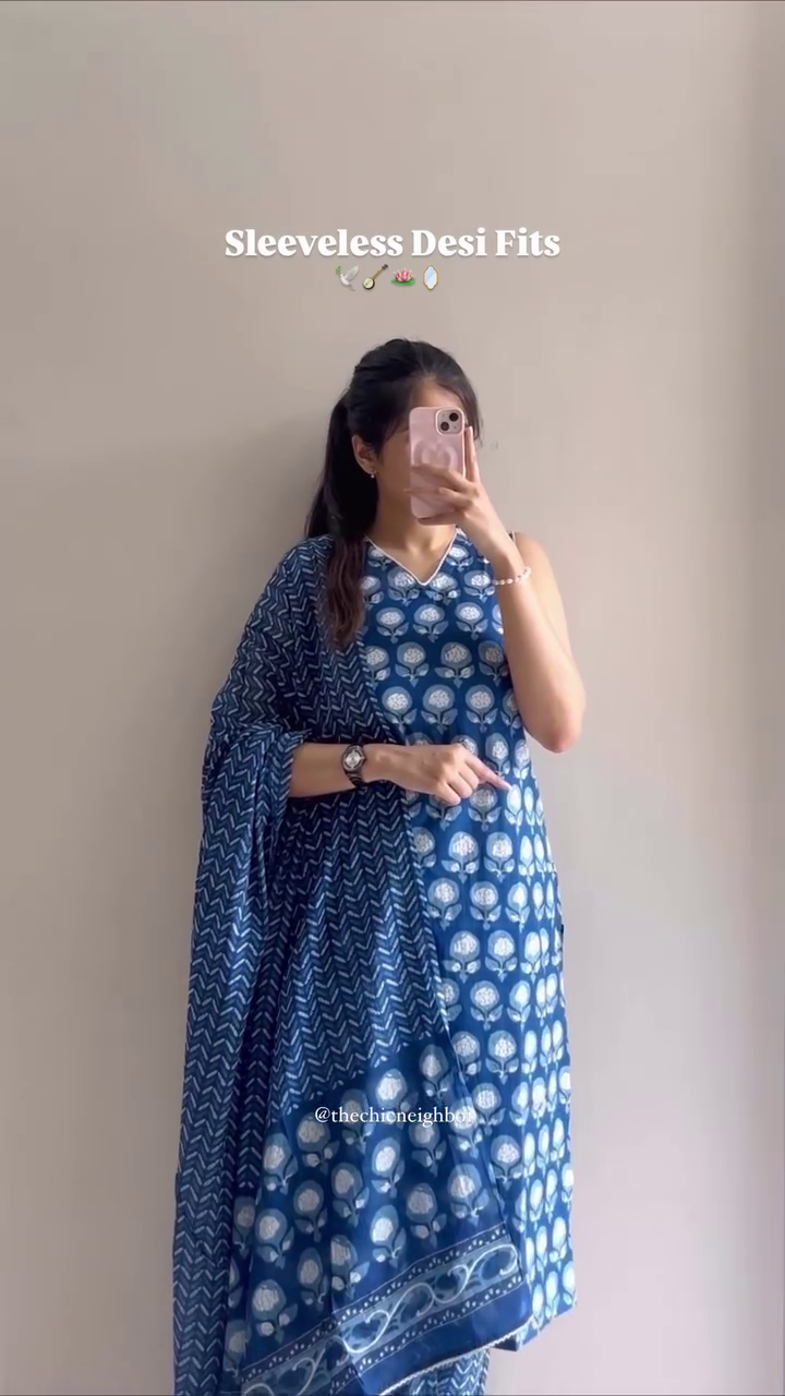 Sleeveless Indigo Block Print Kurta with Dupatta