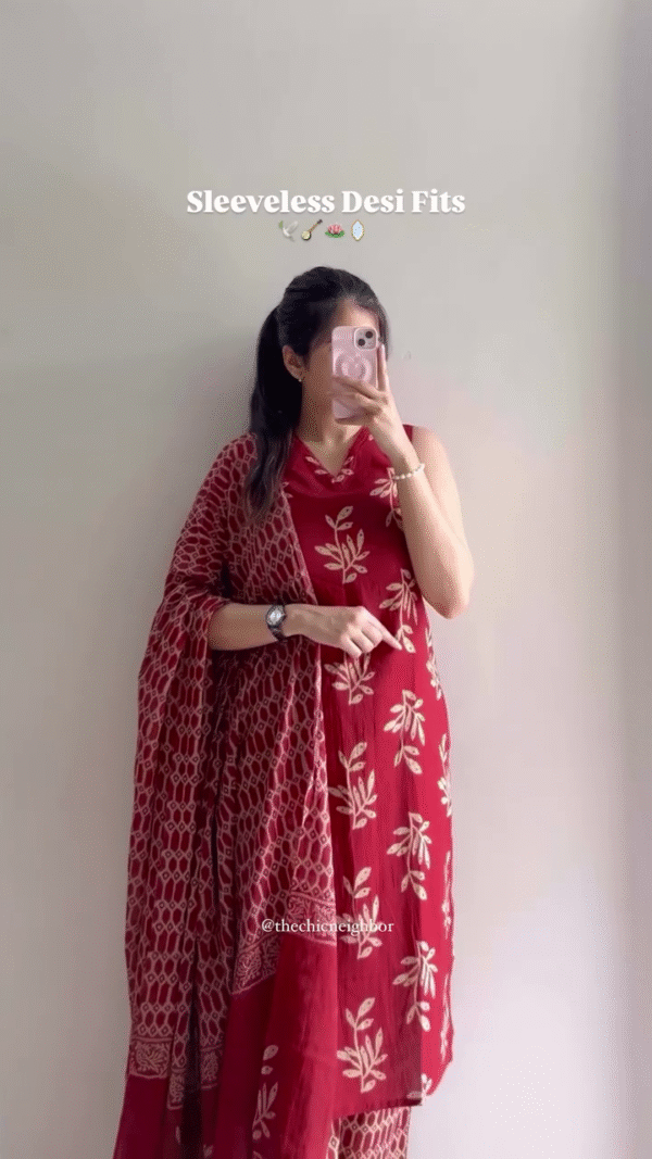 Sleeveless Indigo Block Print Kurta with Dupatta - Image 4