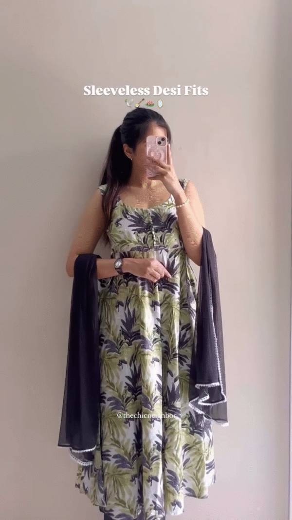 Sleeveless Indigo Block Print Kurta with Dupatta - Image 3