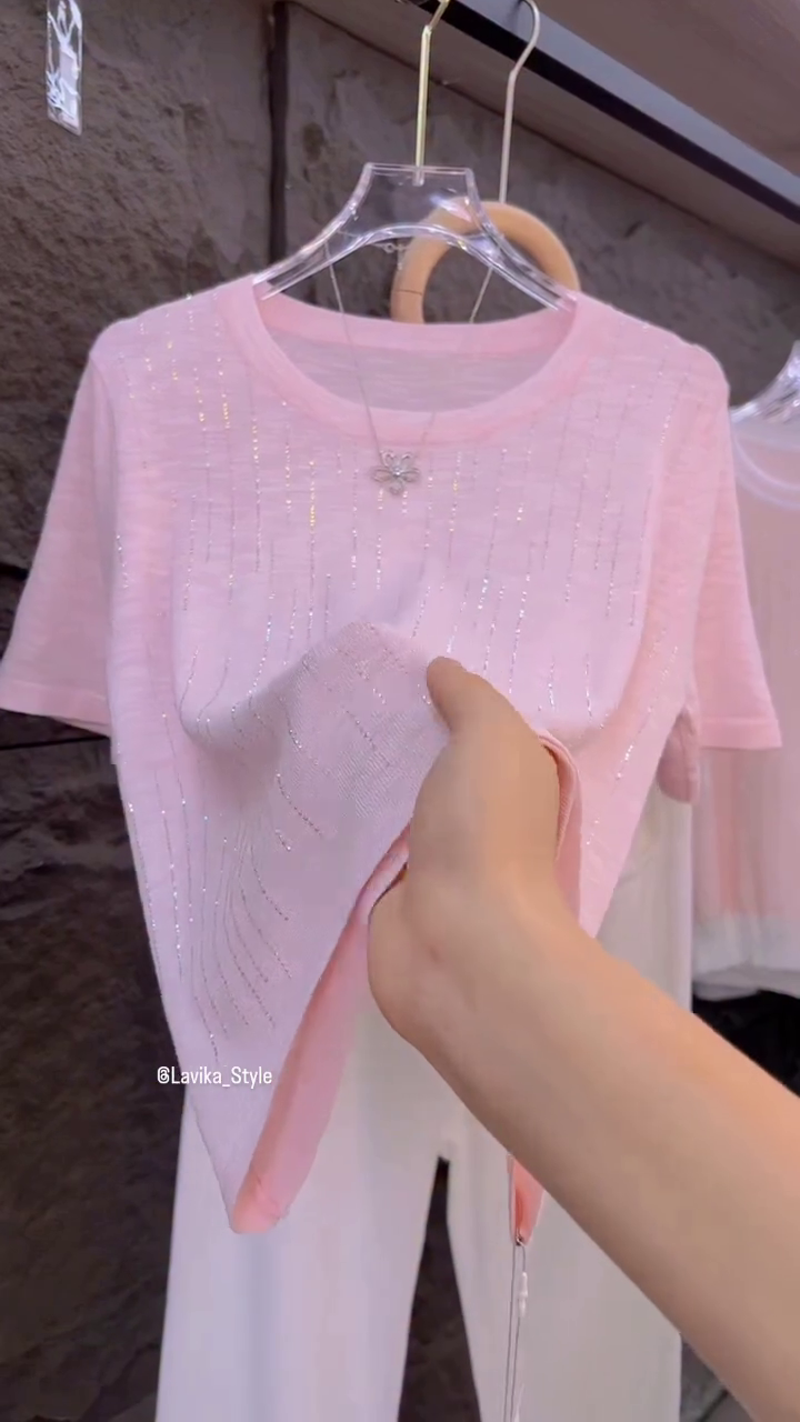 Blush Glow Pastel Pink Knit Top with Subtle Sparkle - Image 2