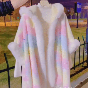 Rainbow Pastel Faux Fur Hooded Winter Cape – Cozy & Chic